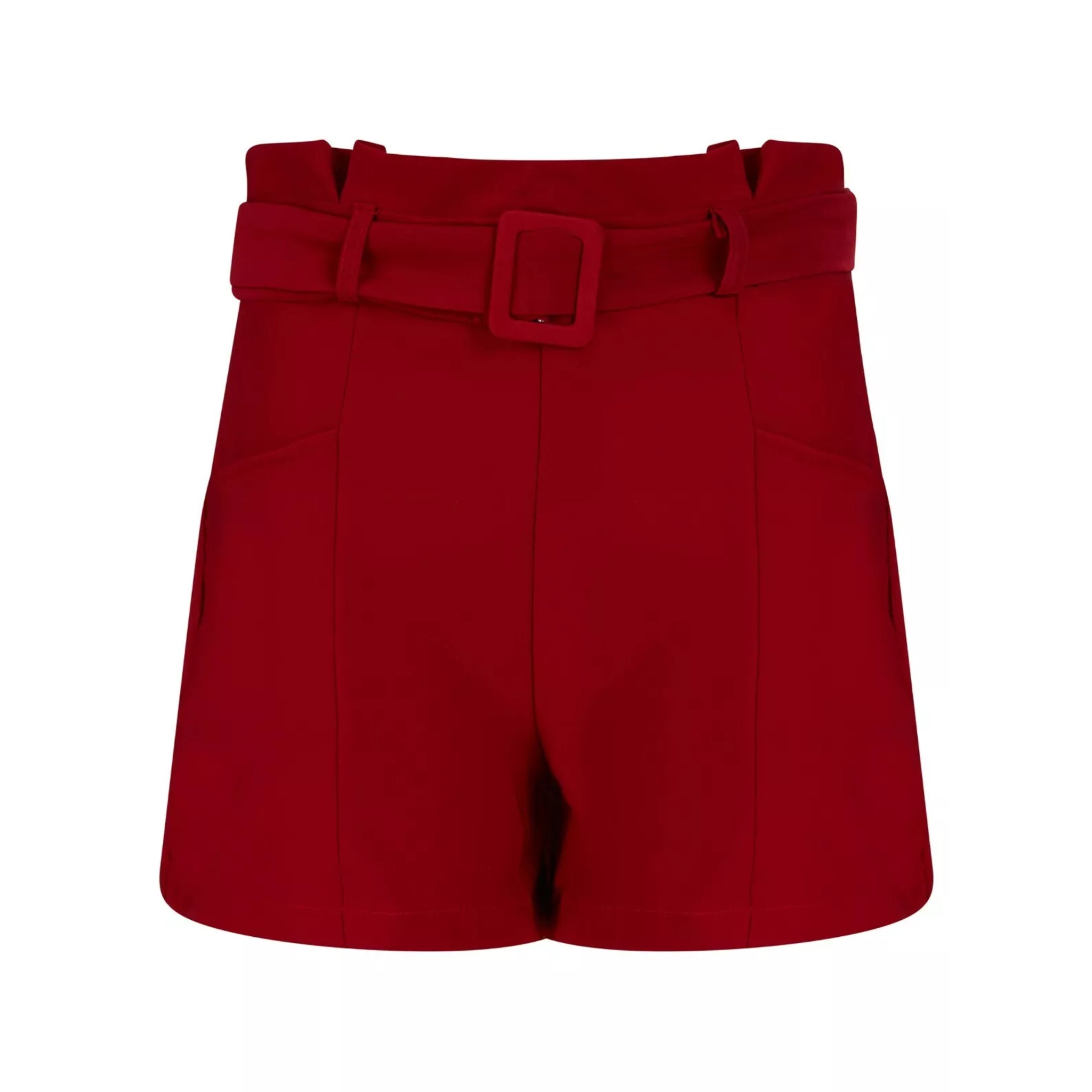 Women's high-waisted belted tailored shorts in red – smart summer shorts with pockets and pleated front detail